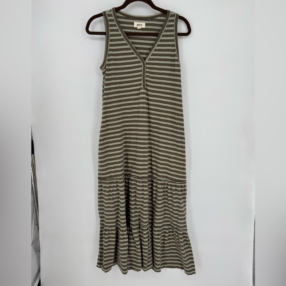 Pact Organic Cotton Olive Green Stripe Relaxed Slub Patio Dress - Picture 2 of 5